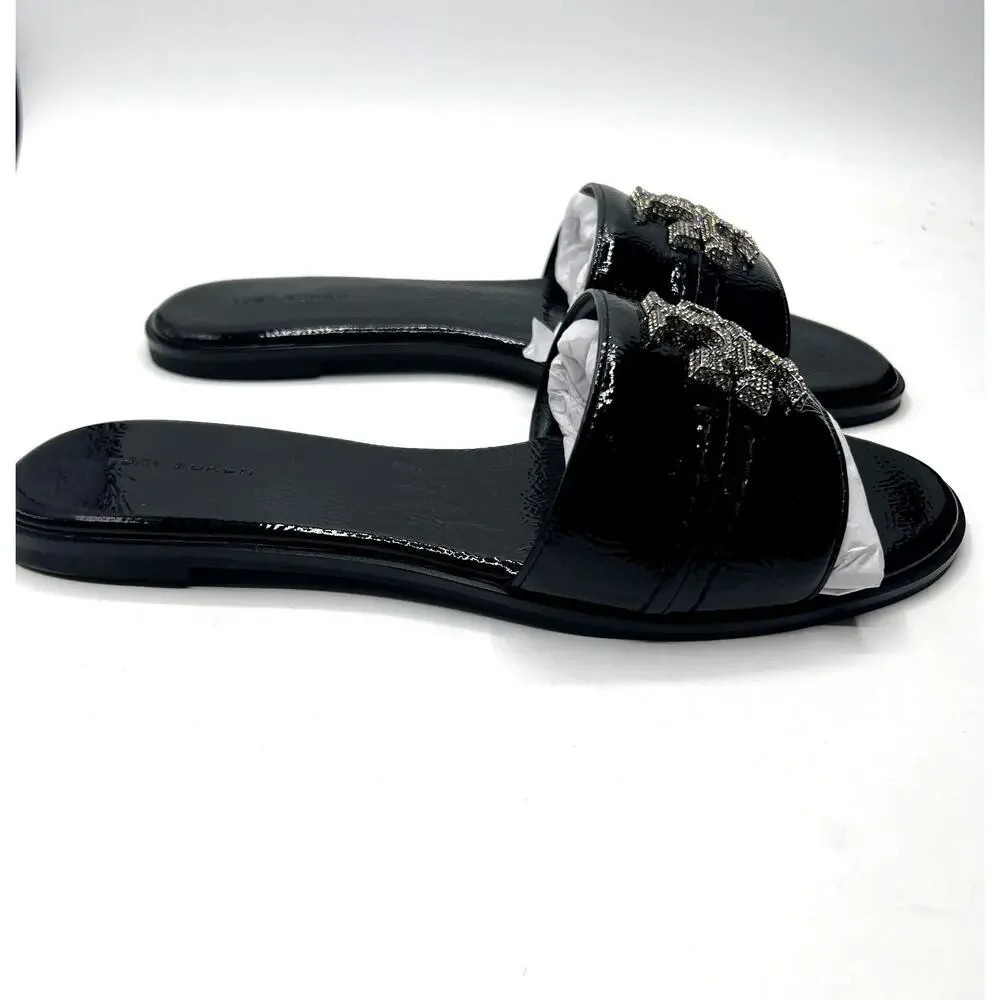 Tory Burch Everly Slide Softy Naplak Cow Perfect Black/Crystal Size 9 NEW